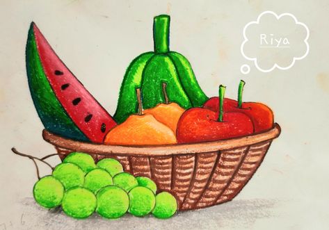 Drawing For Class 8 Students, Easy Fruit Basket Drawing, Fruit Composition Drawing, Drawing For Class 4th, Fruits Drawing For Kids, Fruit Basket Drawing, Cartoon Drawing For Kids, Fruit Art Drawings, Oil Pastel Drawings Easy