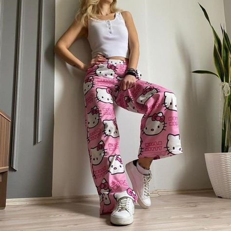 Hello Kitty Sweatpants, Hello Kitty Pants, Kuromi Clothes, Taekwondo Wallpaper, Kitty Background, Hello Kitty Cat, Kawaii Pajamas, Womens Flannel Pajamas, Teenage Clothing