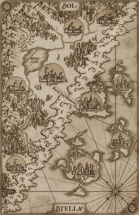 Misty Beee maps - I like the representations of towns as bubbles that give a snapshot of the location's personality Map Sketch, Fantasy Map Making, Fantasy World Map, Map Maker, Fantasy Maps, Hand Drawn Map, Drawn Map, Rpg Map, Town Map