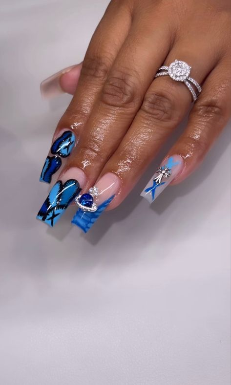 Navy Blue Baddie Nails, Blue Theme Nails, Acrylic Blue Nails, Blue Birthday Nails, Zodiac Nail Designs, Sweet 16 Nails, Sky Blue Nails, Medium Nails, Nail Blue