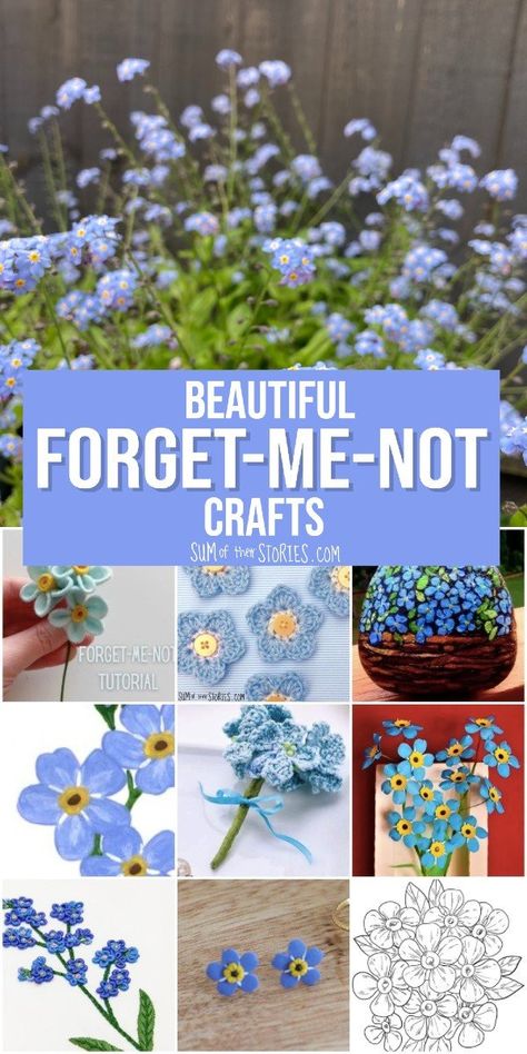 Beautiful Forget Me Not Crafts — Sum of their Stories Craft Blog Forget Me Not Craft Ideas, Felt Forget Me Not Flower Diy, Diy Forget Me Not Flowers, Forget Me Not Paper Flowers, Forget Me Not Craft, Forget Me Not Crafts, Forget Me Not Embroidery, Crochet Forget Me Not Flowers, Forget Me Not Flowers