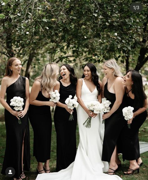 All Black Bridal Party, Black And White Bridal Party, White Bridal Party, Different Shades Of Black, Black Bridesmaids, Black Bridal, White Bridal, Shades Of Black, All Black