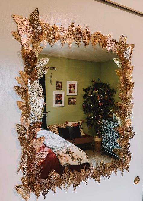 Gold Butterfly Mirror, Diy Mirror Frame Decoration, Wall Frame Ideas, Modern Wooden Table, Mirror Projects, Wooden Table Design, Side Table Ideas, Decorated Mirror, Butterfly Mirror