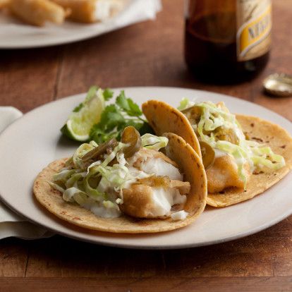 Baja Style Fish Tacos by Marcela Valladolid Keto Baja Fish Tacos, Baja Sauce Taco Bell, Best Baja Fish Tacos Recipe, Baja Fresh Fish Taco Sauce, Creamed Cabbage, Torchys Tacos Baja Shrimp, Pickled Jalapeño, Mexican Crema, Mexican Beer