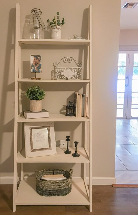 Lounge Ladder Shelf, Ladder Shelf Entryway, Shelf Ladder Decor Bedroom, Tall Ladder Shelves, Ladder Shelf Ikea, Shelf Ladder Bookcase, 4 Tier Shelf Decor Living Room, Ladder Shelf Bedroom Bedside Tables, Ladder Shelf Makeover