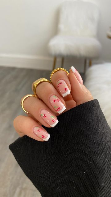 Cherry And Heart Nails, Cherry Valentines Nails, Cherry Heart Nails Acrylic, Cherry Hearts Nails, Heart Cherry Nails, Love Heart Nails, Cherry Heart Nails, Heart Shaped Cherry Nails, Love Heart Cherry Nails