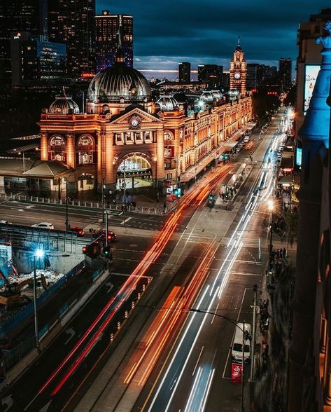 Melbourne - Chris Cincotta on Instagram: “Love this angle of the city!  Great shot by @cp.x_  overlooking the grand old dame of Melbourne! Be sure to check out @cp.x_’s gallery for…” Road Intersection, Flinders Street Station, Melbourne Trip, Night Skyline, Qhd Wallpaper, Facade Lighting, Old Building, Sydney Harbour Bridge, Metropolis