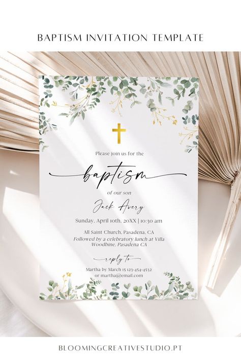 baptism invitation Baptism Invitation Template, Modern Greenery, Christening Invitation, Diy Invitation, Baptism Invitation, Religious Cross, Invitation Ideas, Christening, Invitation Template