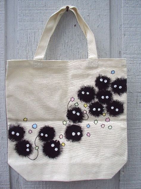 Anime Tote Bag, Handpainted Tote Bags, Soot Sprites, Painted Tote, Large Purse, Howls Moving Castle, My Neighbor Totoro, Eco Bag, Miyazaki