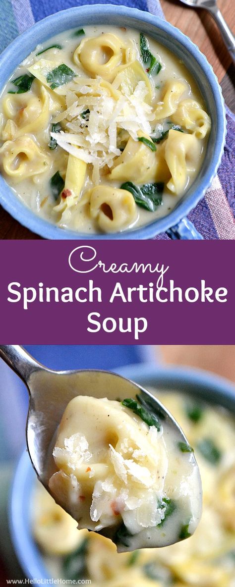 Creamy Spinach Artichoke Soup ... this rich vegetarian soup recipe is quick and easy to make and filled with veggies and yummy cheese tortellini! All the flavors of your fave spinach artichoke dip in a creamy vegetarian tortellini soup recipe! | Hello Lit Creamy Spinach Artichoke Soup, Spinach Artichoke Soup, Vegetarian Tortellini, Creamy Tortellini Soup, Artichoke Soup, Soup Creamy, Recipe Soup, Vegetarian Soup Recipes, Spinach Soup