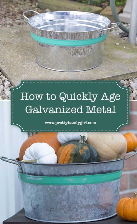 Achieve that perfect farmhouse look with this tutorial on how to age galvanized metal quickly! | Pretty Handy Girl #prettyhandygirl #tutorial Metal Tin Bucket Ideas, Galvanized Bucket Decor, Metal Pail, Painted Trunk, Metal Ideas, Galvanized Buckets, Rustic Light Fixtures, Aging Metal, Store Hacks