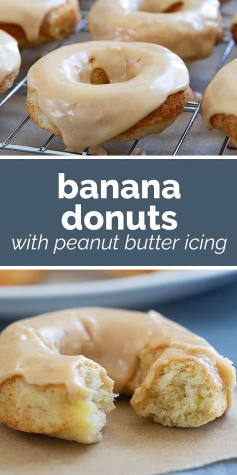 No need to fry - these Banana Donuts with Peanut Butter Icing are baked in the oven! A great use for those overripe bananas, these tender donuts are the perfect snack or special breakfast. Peanut Butter Icing, Coffee Cake Recipes Easy, Special Breakfast, Butter Icing, Overripe Bananas, Bread Appetizers, Sweet Recipes Desserts, Baked Banana, Banana Oatmeal