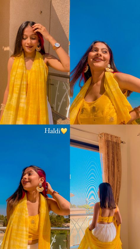 Haldi ceremony self portraits 💛 Haldi Ceremony Photo Poses, Haldi Ceremony Picture Ideas, Haldi Ceremony Photoshoot Ideas, Haldi Pics Ideas, Haldi Story Ideas, Poses For Haldi Ceremony, Haldi Pictures Idea, Haldi Ceremony Aesthetic, Haldi Ceremony Snap