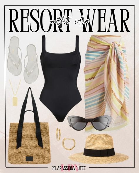 Elevate your poolside style with a square neck one-piece swimsuit paired with a striped pareo cover-up. Add a touch of elegance with hoop earrings and a necklace, while stylish sunglasses and a straw hat provide sun protection. Complete the ensemble with a straw tote bag and glittery flip flops for a glamorous resort look.

for women | classy | dresses | vacation beach outfit | luxury | beach casual Vacation Beach Outfit, Outfit Ideas For Black Women, Poolside Style, Dresses Vacation, Resort Look, Classy Dresses, Poolside Fashion, Outfit Ideas For Women, Resort Vacation