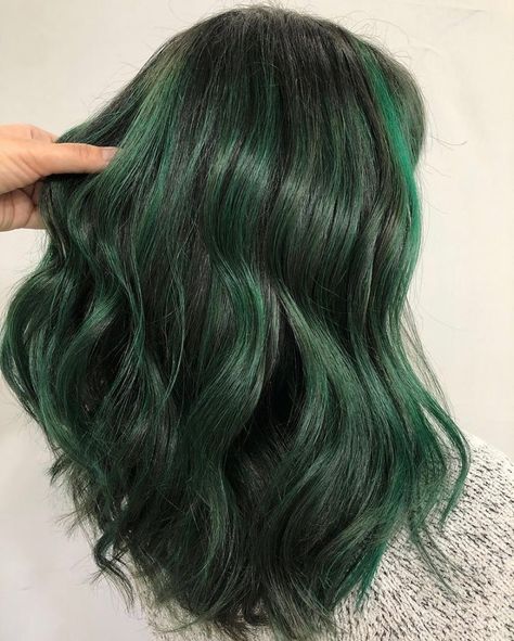 Black And Dark Green Hair, Green Highlights In Brown Hair, Green Balayage Hair, Coloured Balayage, Dark Green Highlights, Green Balayage, Forest Green Hair, Green Hair Streaks, Colored Hairstyles