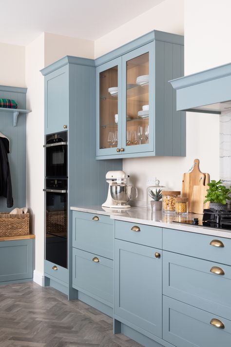 Mint Blue Kitchen Cabinets, Light Blue Bottom Kitchen Cabinets, Dix Blue Kitchen Cabinets, Blue Cabinet Gold Hardware, Light Blue Backsplash Kitchen Subway Tiles White Cabinets, Sky Blue Cabinets, Cadet Blue Cabinets, Mid Blue Kitchen, Kitchen Backsplash Ideas Blue Cabinets