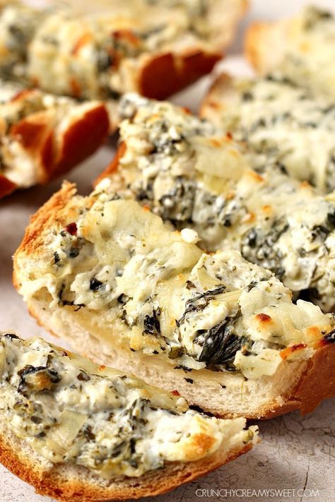 Spinach Artichoke Dip Cheesy Bread Favorite Dips, Cheesy Bread, Spinach Artichoke Dip, Spinach Dip, Artichoke Dip, Spinach Artichoke, Football Food, French Bread, Easter Ideas