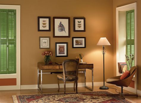 warm, neutral home office - tyler taupe HC-43 (walls), cloud white OC-130 (trim), warmed cognac AF-235 (accent) Green Home Offices, Office Wall Colors, Best Neutral Paint Colors, Office Paint Colors, Interior Wall Colors, Best Interior Paint, Home Office Colors, Interior House Colors, Murphy Beds