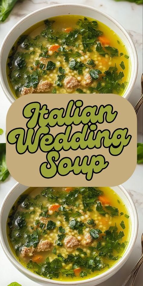 Classic Italian Wedding Soup brings together tender meatballs, fresh greens, and tiny pasta in a flavorful broth. 🍲💕 A hearty and warming soup that’s perfect for chilly days or a satisfying meal any time of year. 🍵 This traditional dish is both nutritious and comforting, often enjoyed with crusty bread or as part of a larger meal. #ItalianWeddingSoup #ComfortFood #SoupSeason #HeartyMeals #HomemadeSoup 🌿🥖 Easy Italian Wedding Soup Crock Pot, Wedding Soup With Egg, Greek Wedding Soup, Italian Wedding Soup Vegetarian, New Soup Ideas, Creamy Italian Wedding Soup, Italian Bread Soup, Olive Garden Wedding Soup Recipe, Minestra Italian Soup