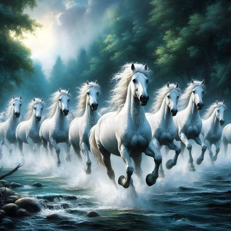 In a wooded river with rocks and trees in the background, white horses run through a group. royalty free stock photo Horses Running, Wood River, Run Through, Running Horses, White Horses, Ceiling Tiles, Running Water, Background White, Sea Birds