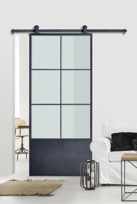 Renin 37-in x 84-in Black Powder Coat Frosted Glass Prefinished Steel Single Barn Door (Hardware Included) in the Barn Doors department at Lowes.com Frosted Glass Barn Door, Single Barn Door, Craftsman Door, Steel Barns, Contemporary Door, Victorian Door, Barn Door Kit, Glass Barn Doors, Black Barn