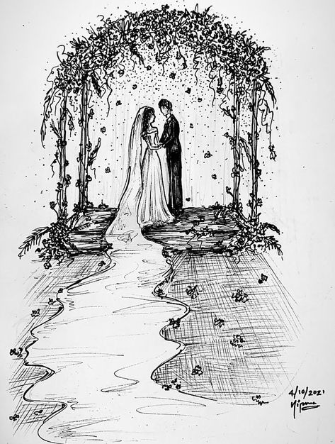 Wedding Couples Drawing Art, Wedding Sketches Illustration, Wedding Drawing Art Sketch, Wedding Sketch Couple Drawing, Marriage Drawing Couple, Wedding Venue Drawing, Wedding Sketch Couple, Married Couple Drawing, Marriage Sketch