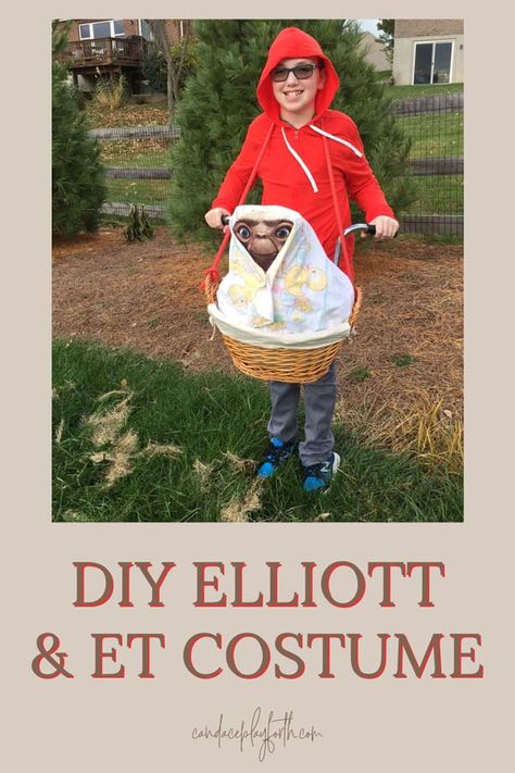 Check out this adorable DIY Elliott and ET costume for kids or adults. It's a Halloween party and trick or treating hit! Put together this easy costume with things you have around the house. Et Halloween Costume, Easy Costume, Costume For Kids, Easy Costumes, Trick Or Treating, Diy Costumes, Halloween Costumes For Kids, Adult Costumes, Put Together