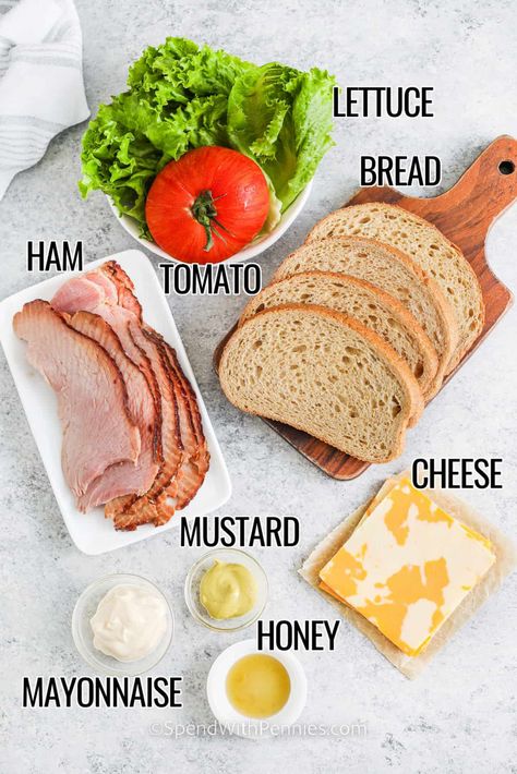 Ham And Cheddar Sandwich, Ham Cheese Tomato Sandwich, Ham Sandwich Recipes Cold, Cold Ham Sandwich Ideas, Honey Ham Sandwiches, Ham Sandwich Ideas, Cheese And Ham Sandwich, Macro Lunch, Ham Cheese Sandwiches