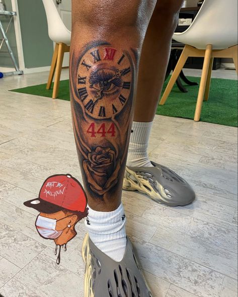 Half Calf Sleeve Tattoo, Leg Memorial Tattoo, Black Man Leg Tattoo, Men Tattoos Black Guys, Walk By Faith Tattoo On Leg, Above Eyebrow Tattoo For Men, Inside Leg Tattoo Men, Leg Tattoo Ideas For Men Calves, Calf Men Tattoo