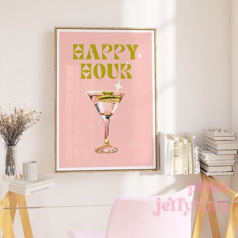 Happy Hour Print Bar Cart Art Print Retro Cocktail Wall Art - Etsy Happy Hour Print, Vintage Style Poster, Cocktail Wall Art, Cocktail Wall, Printable Wall Art Vintage, Retro Cocktail, Bar Cart Art, Etsy Printable Art, Wall Art Vintage