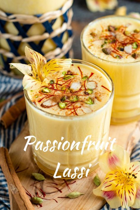 Traditional Indian lassi is sheer joy in a glass! Try our modern spin on a classic Indian drink, which features passionfruit pulp, cardamom, and vanilla. Indian Brunch Menu Ideas, Indian Summer Recipes, Diwali Punjabi, Fruit Lassi, Indian Lassi, Tea Party Sandwiches Recipes, Red Pineapple, Lassi Recipe, Fruit Custard