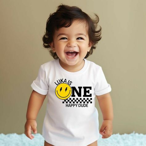 Happy Dude Birthday Theme, One Happy Dude Birthday, One Happy Dude, Matching Birthday Shirts, Boys First Birthday Party Ideas, Yellow Smiley Face, Twin First Birthday, Personalized Matches, First Birthday Shirts