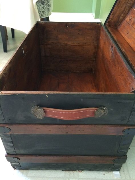 Restored Steamer Trunk, Steamer Trunk Restoration, How To Restore An Old Trunk, Antique Steamer Trunk Restoration, Painted Steamer Trunk, Steamer Trunk Ideas, Old Trunk Redo, Vintage Trunks Makeover, Spindle Projects