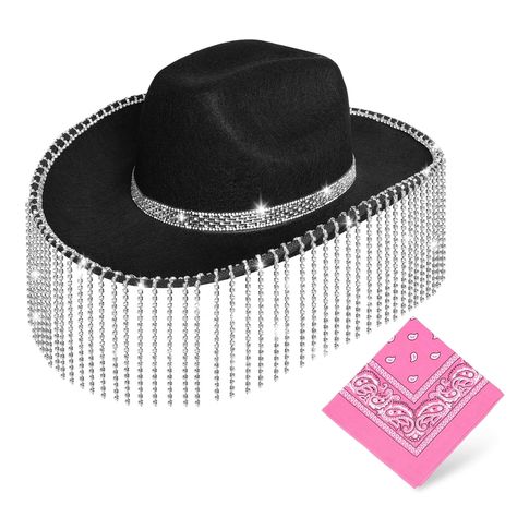 PRICES MAY VARY. Sparkly cowboy hat : Handmade, each black cowboy hat is handmade and carefully crafted, using high-quality fabrics and water bricks, exquisite workmanship and stylish design to ensure that the hat is comfortable and shiny Perfect Party Gift: Classic appeal, combining Western classics with trendy elements, it creates a unique style and personality. Contains a red bandana Fringe cowboy hat: Perfect for bridal parties, concerts and Western-themed events, this rhinestone fringed cow Sparkly Cowboy Hat, Fringe Cowboy Hat, Sparkly Cowgirl, Rhinestone Cowgirl Hat, Rhinestone Cowgirl, Black Cowboy Hat, Black Cowboy, Western Cowboy Hats, Cowgirl Hat