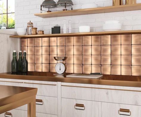 Unleash Your Inner Designer: How to Choose the Perfect Mosaic Tile Backsplash for Your Space | Realicozy Copper Tile Backsplash, Copper Artwork, Stainless Steel Tile, Copper Backsplash, Unique Backsplash, Copper Tiles, Mosaic Tile Backsplash, Brass Patina, Brass Kitchen