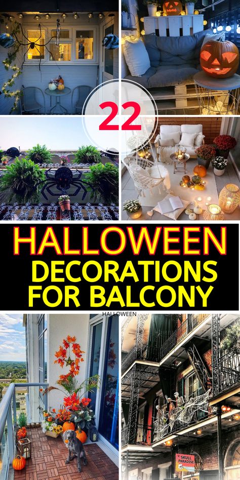 26 Halloween Door Decorations: Transform Your Home with These Spooky and Fun Ideas! Halloween Awning Decor, Fall Balcony Ideas, Apartment Patio Halloween Decor, Halloween Apartment Decor Balcony, Apartment Porch Halloween Decorations, Apartment Halloween Decor Outdoor, Balcony Halloween Ideas, Halloween Balcony Decorations, Apartment Balcony Halloween Decor