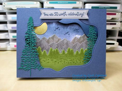 Cindi's Stamping Spot: Majestic Mountain Diorama Diorama Cards Tutorials, Mountain Diorama, Diorama Cards, Mountain Background, Accordion Fold, Glue Pen, Woodland Scene, Circle Punch, 13th Birthday