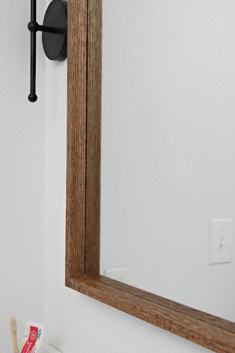 Diy Mirror Frame, Diy Wood Mirror Frame, Wood Framed Bathroom Mirrors, Wood Mirror Bathroom, Small Bathroom Mirrors, Bathroom Mirrors Diy, Bathroom Remodel Pictures, Black Mirror Frame, Wooden Mirror Frame