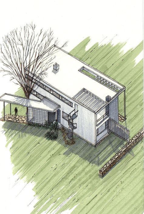 House Sketch Architecture, House Drawing Sketches, Gropius House, Sketch Building, Axonometric Drawing, Building Inspiration, Building Sketch, Building Images, Architecture Sketchbook