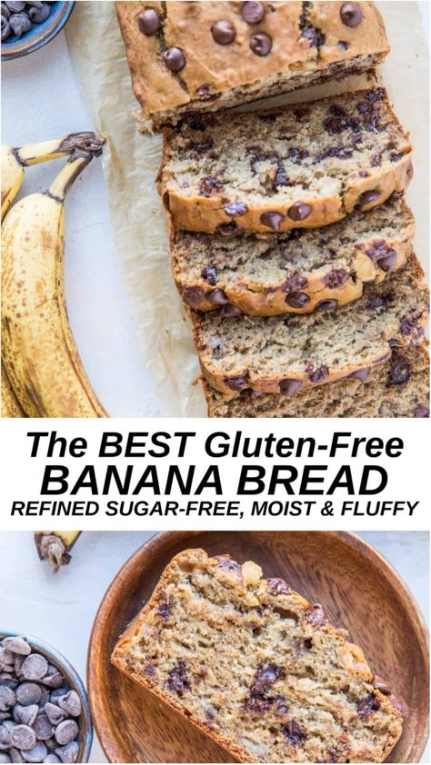 The BEST gluten-free banana bread recipe sweetened with coconut sugar. Add chocolate chips or chopped nuts to this moist and fluffy bread. Recipes With Bananas Gluten Free, The Best Gluten Free Banana Bread, Gluten Free Moist Banana Bread, Nut Free Banana Bread Recipe, Dairy Free Chocolate Chip Banana Bread, Gluten Free Banana Recipes, Gluten Free Banana Nut Bread, Gluten Free Carbs, Dairy Free Banana Bread