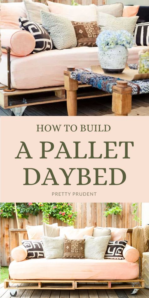 Pallet Cushions Diy, How To Build A Daybed, Pallet Daybed Outdoor, Homemade Daybed, Diy Outdoor Bed, Diy Daybed Ideas, Pallet Day Bed, Outdoor Daybed Diy, Porch Vibes