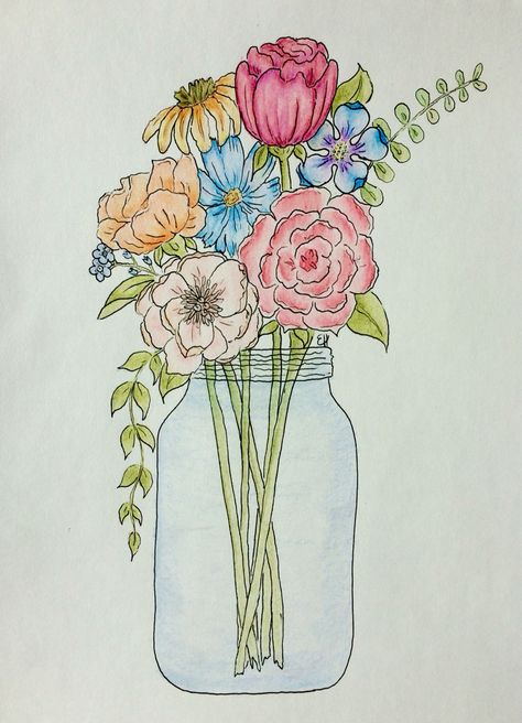 Flower illustration I drew using pen and colored pencil Small Colour Pencil Drawings, Flower Bouquet Drawing Color Pencil, A Vase Of Flowers Drawing, Colored Pencil Floral Art, Flowers Drawing In A Vase, Drawing Of Flower Bouquet, Aesthetic Flower Bouquet Drawing, Pen Flowers Drawing, Watercolor Pencil Art Ideas Inspiration