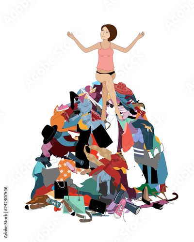 Stock Image: Nothing to wear concept, young attractive stressed woman seating in a pile of messy clothes gotten out of closet. Vector illustration Pile Of Clothes Aesthetic, Pile Of Clothes, Messy Clothes, Clothes Illustration, Clothes Aesthetic, Children's Book Illustration, Design Reference, Book Illustration, Aesthetic Clothes