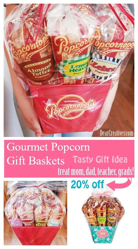 Gift Basket Idea Gourmet Popcorn Gift Baskets + Discount Code I have a fun treat idea to add to your celebrations, or gift giving. Do you love gifting gift baskets? Why not send Gourmet Popcorn or a Gourmet Popcorn Gift Basket. Filled with delicious popcorn treats. Grab discount! #partner #discount #popcorn #gourmet #giftbaskets #gift #giftidea #mothersday #fathersday #graduation #graduationparty #party #moviesandpopcorn #movie #treats #teachergifts  #ad #Popcornopolis #NearlyNakedPopcorn Movie Treats, Popcorn Gift Basket, Milk Bath Recipe, Chocolate Covered Popcorn, Toffee Popcorn, Christmas Cookie Box, Popcorn Treats, Delicious Christmas Cookies, Popcorn Gift