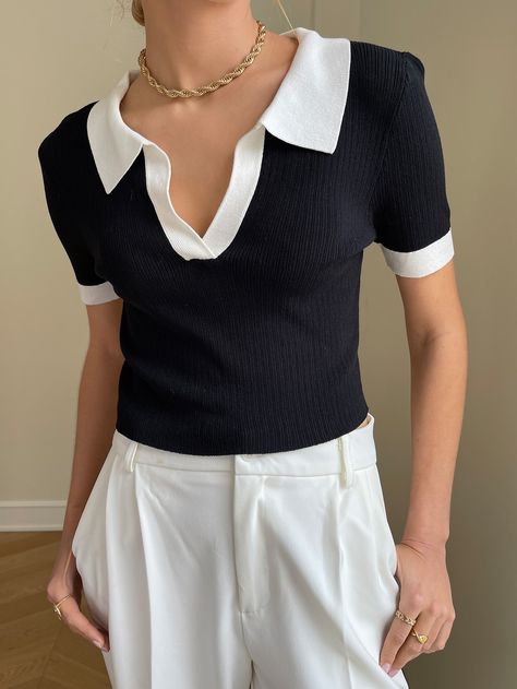 Polo Outfits For Women, Polo Outfits, Polo Outfit, Rib Knit Top, Pinterest Outfits, Contrast Collar, Celebrity Street Style, Knit Tops, Knit Tees