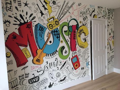 Music Murals School, Musical Mural Ideas, School Murals Art Room, Doodle Art Wall Painting, Music Room Wall Painting, Wall Graffiti Ideas Simple, Music Wall Painting Ideas, Wall Painting Ideas Doodle, Doodle On Wall