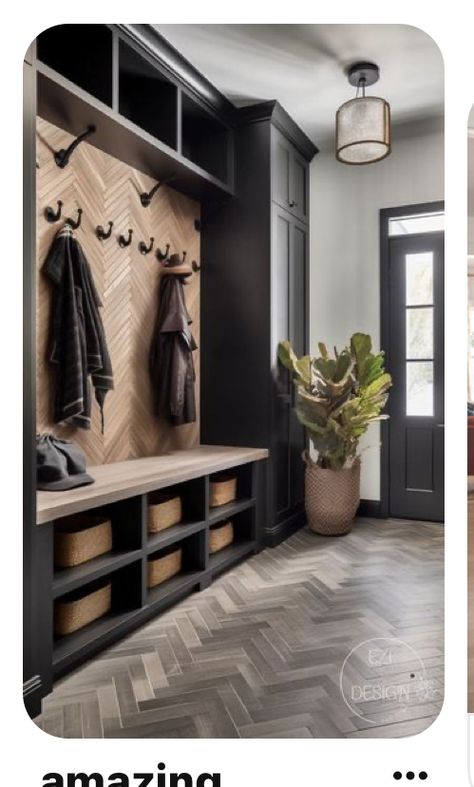 Entry Locker Ideas, Large Mud Room Ideas, Mud Room Locker Ideas, Black Mud Room, Dark Mudroom, Mudroom Ideas Entryway Garage, Entryway Built In Ideas, Mud Room Ideas Entryway Entrance, Mudroom With Lockers