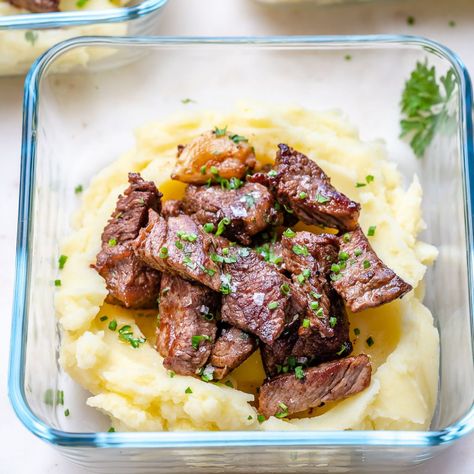 Garlic Butter Steak Bites with Mashed Potatoes for Meal Prep | Clean Food Crush Steak And Mashed Potatoes, Ground Beef Breakfast, Garlic Butter Steak Bites, Butter Steak Bites, Clean Meal Prep, Butter Steak, Mashed Potatoes Recipe, Easy Dinner Recipes Crockpot, Healthy Pasta