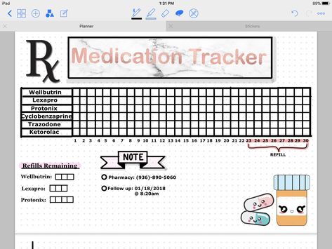 Medication Tracker  Digital Bullet Journal #bujo #digitalbujo #tracker #medicationtracker #mentalhealth #selfcare Bujo Medication Tracker, Bujo Medical, Bullet Journal Medication Tracker, Bullet Notes, Dividers Ideas, Bullet Journal Health, Bullet Journal Goals Page, Medical Planner, Bullet Journal Mental Health