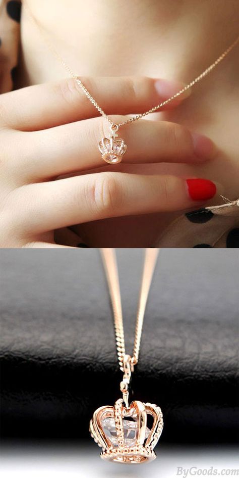 Fashion Shiny Rose Rhinestone Crown Necklace for big sale! #fashion #crown #necklace #rose #jewelry Diy Necklace Easy, Big Diamonds Necklace, Crown Necklace, Rhinestone Crown, Gold Ring Designs, Rose Jewelry, Necklace Rose, Fancy Jewellery, Elegant Necklaces